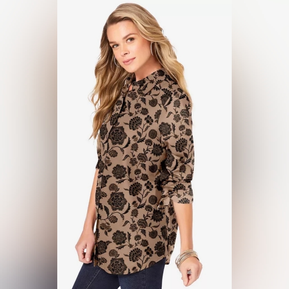 Roaman's Black and Tan Floral Button Down Shirt‎ 24w